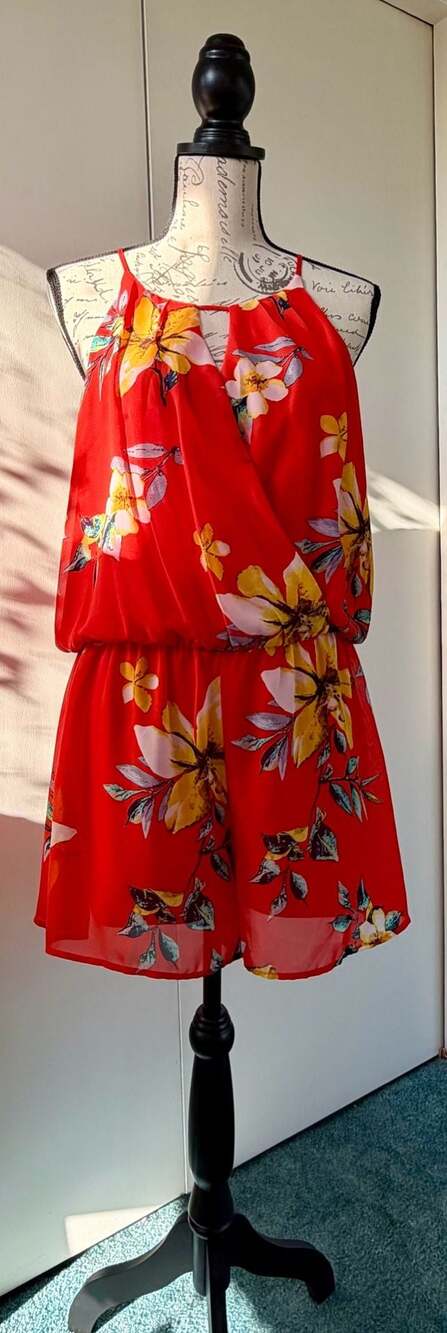 A. Byer Floral Halter Neck Romper in Red Coral Size XL